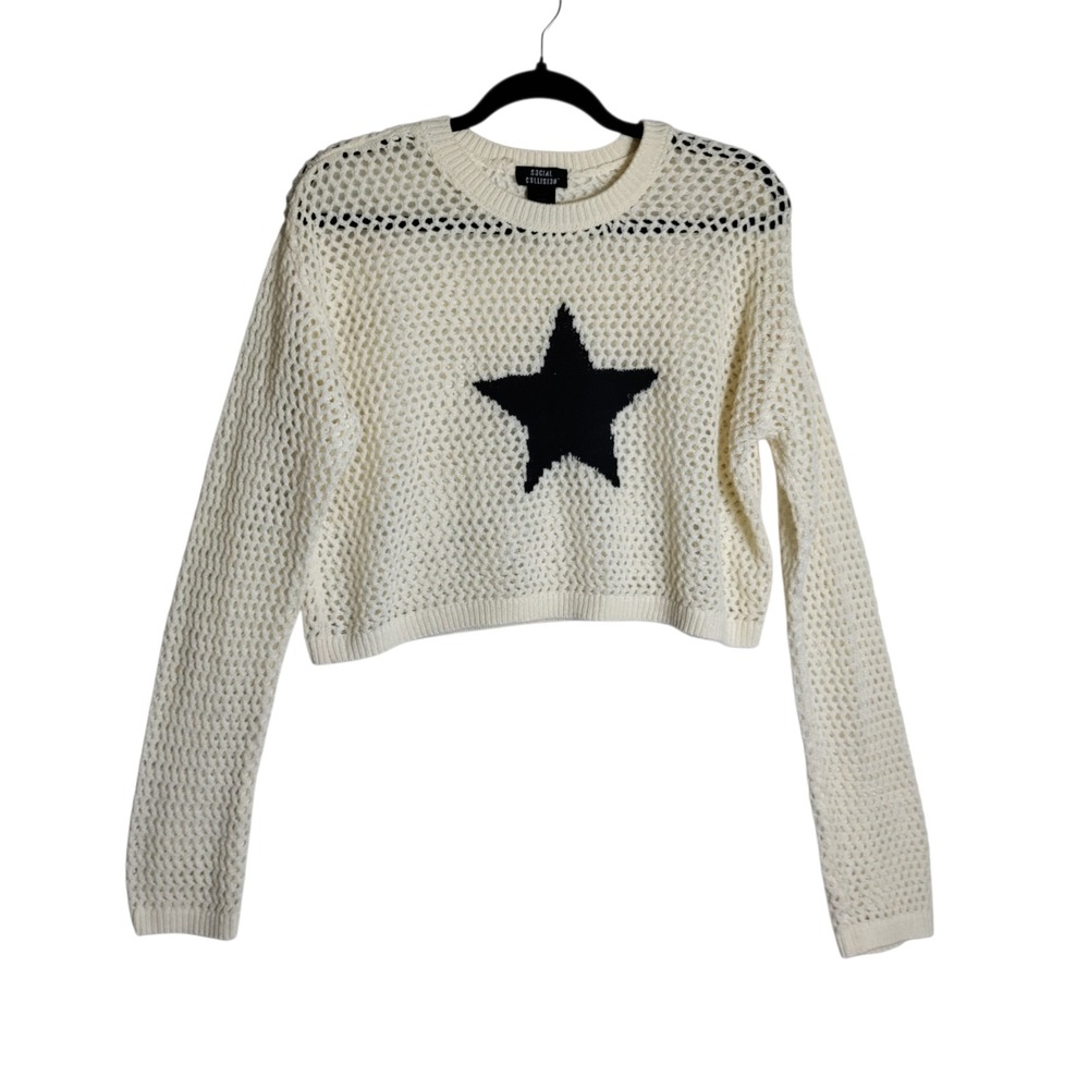 Social Collision Cream Open Knit Star Cropped Sweater Womens XL Grunge Alt Mesh